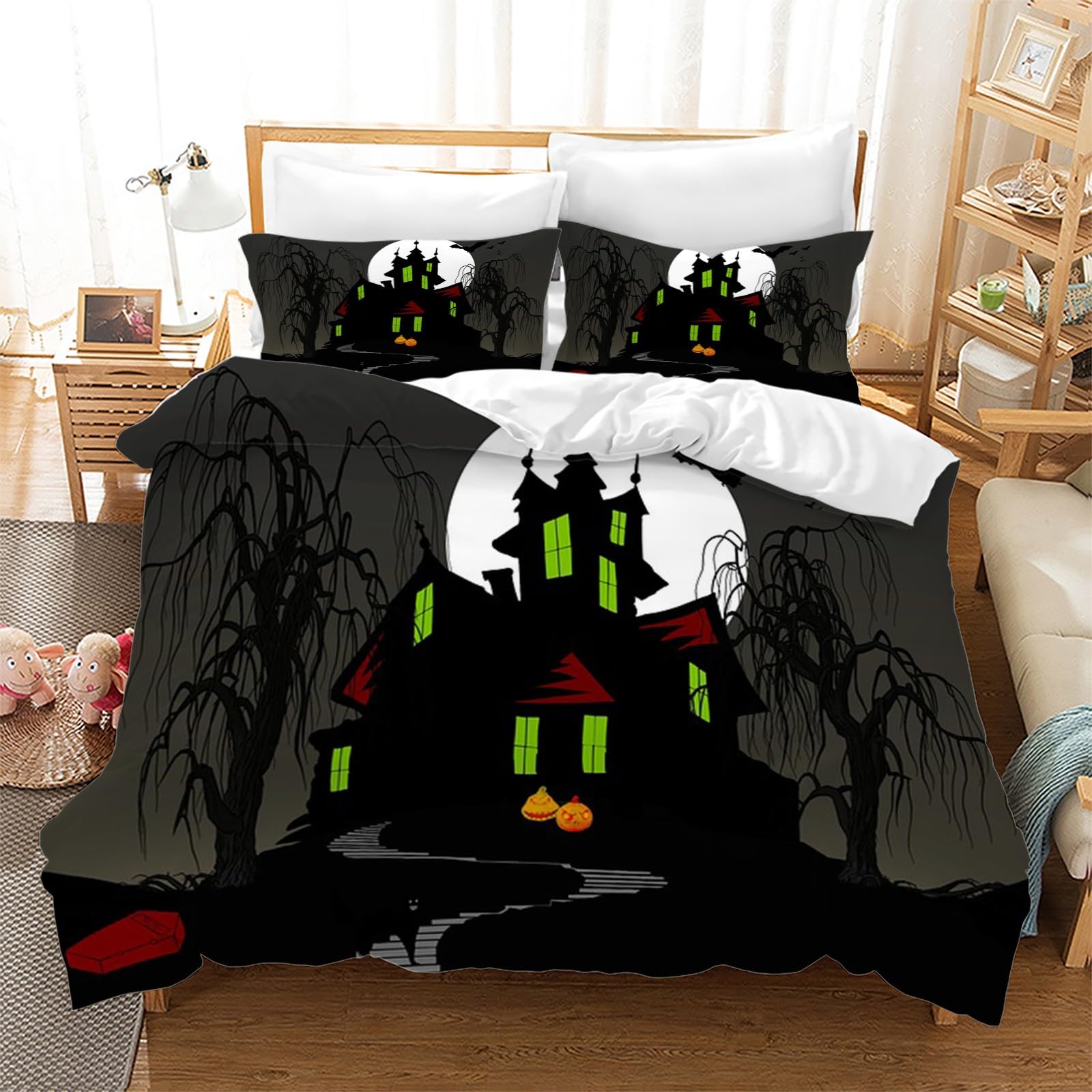 Generisch AK2368 Pościel na Halloween 155 x 220 cm, poszewka na kołdrę ze zwierzęciem, 3-częściowy zestaw pościeli z oddychającej i miękkiej mikrofibry, 2 poszewki na poduszkę z zamkiem błyskawicznym
