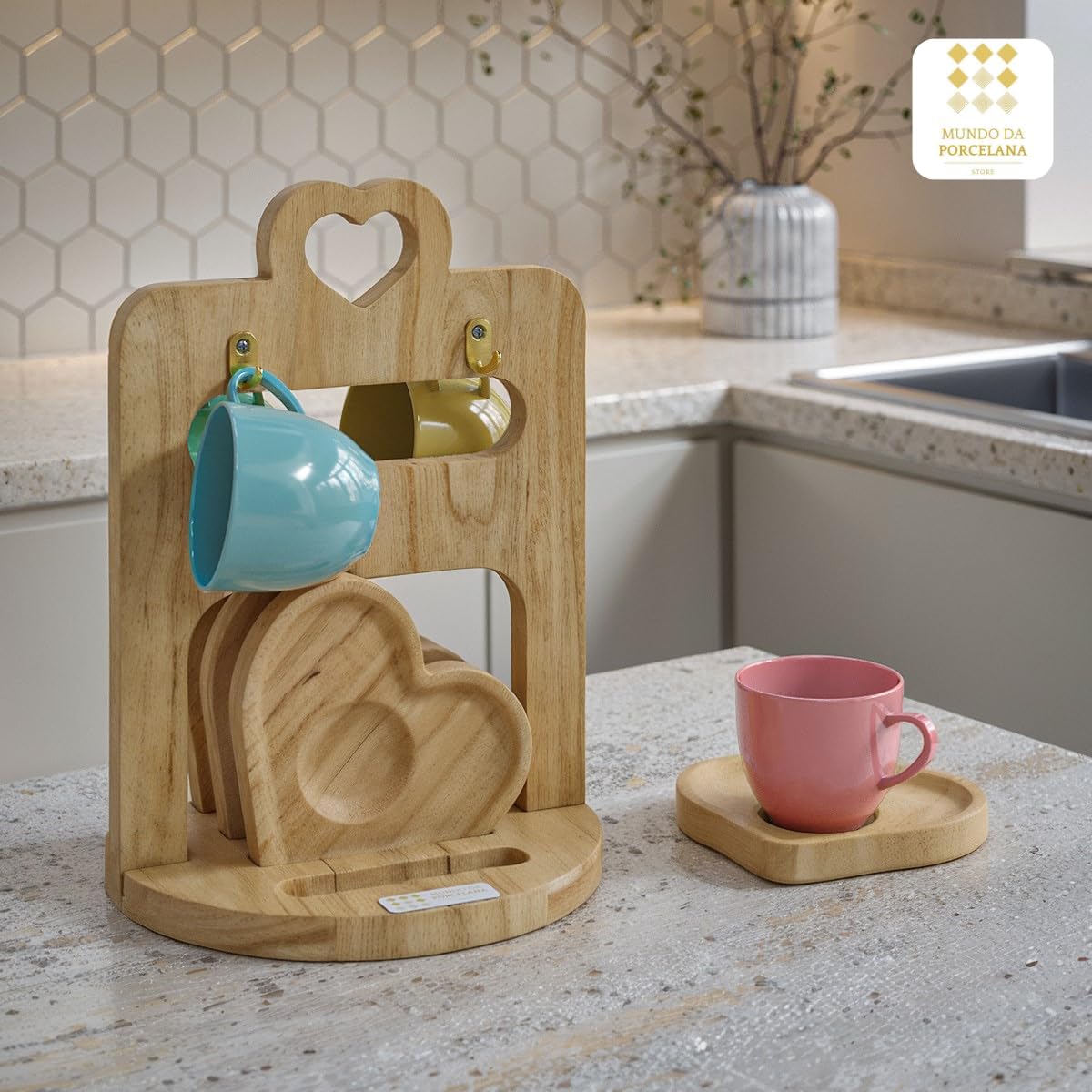 Jogo Xicara Café Porcelana com Pires e Suporte Madeira