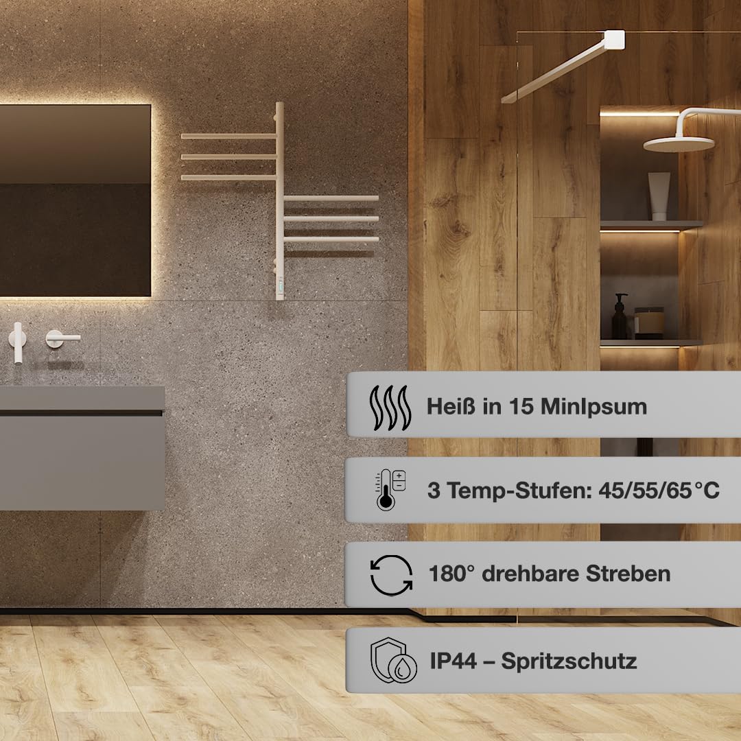 Grzejnik łazienkowy biały 78W 79x40 cm – Elektryczny podgrzewacz do ręczników z 6 ramionami – Timer i Termostat – IP44 – Stylowy design – Stal węglowa