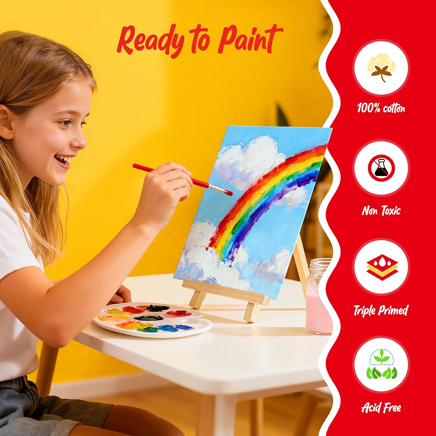 Canvas for Painting with Mini Easel, 6 Pack 8x10 Canvas Board with 1 Wood Easel Blank Cotton Primed for Kids & Beginners for Acrylic, Oil, Watercolor Paint