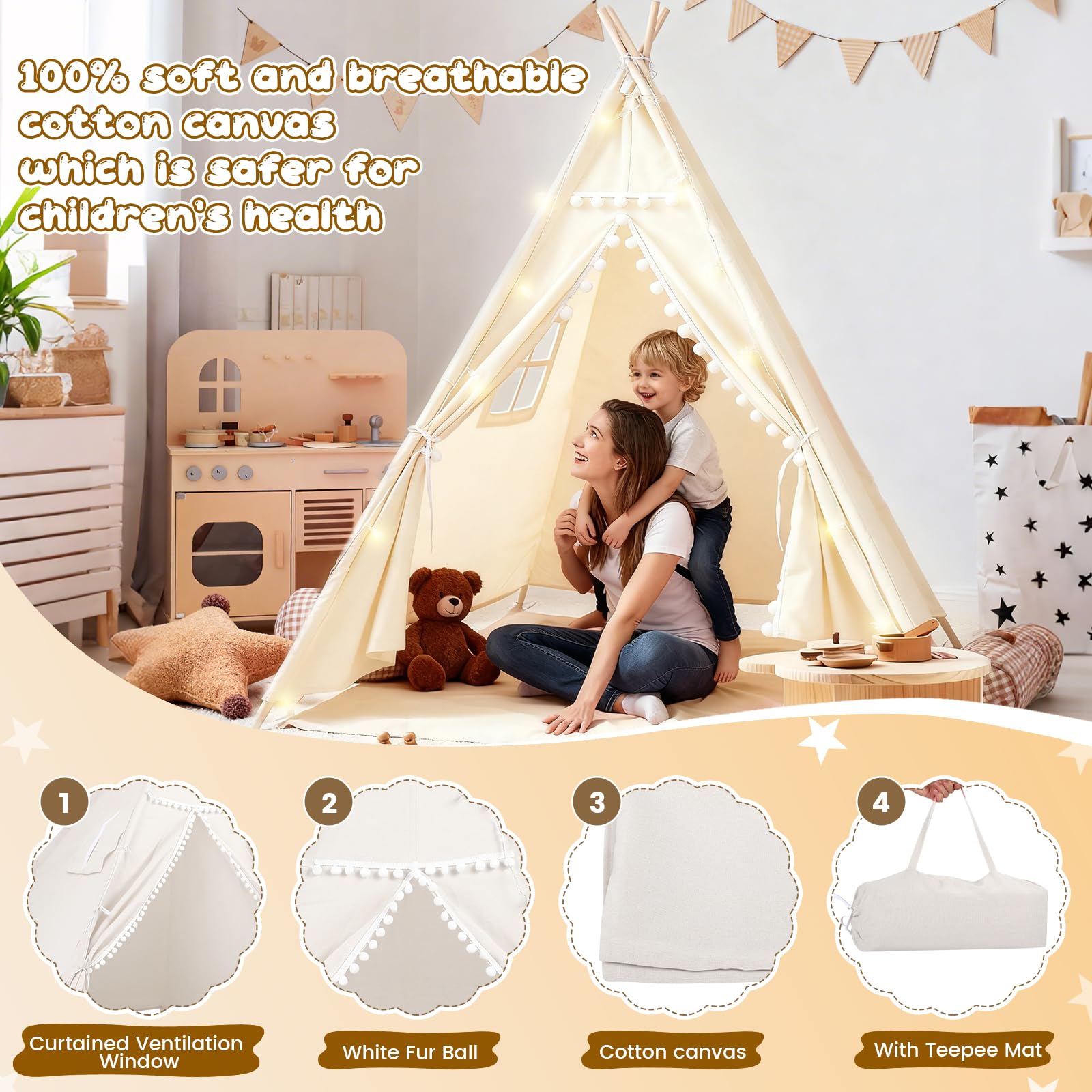 Tipi - Tente tipi pour enfant - Pour intérieur/extérieur - 120 x 140 cm - En toile - Tente tipi - Maison de jeu avec guirlande lumineuse et sac de rangement - Pour l'intérieur ou l'extérieur