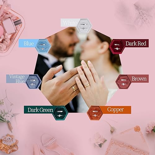Miniatura 7 de Smileshe Caja para anillos, cajas de joyería de terciopelo para propuesta, compromiso, ceremonia de boda, caja hexagonal con ranura de doble anillo