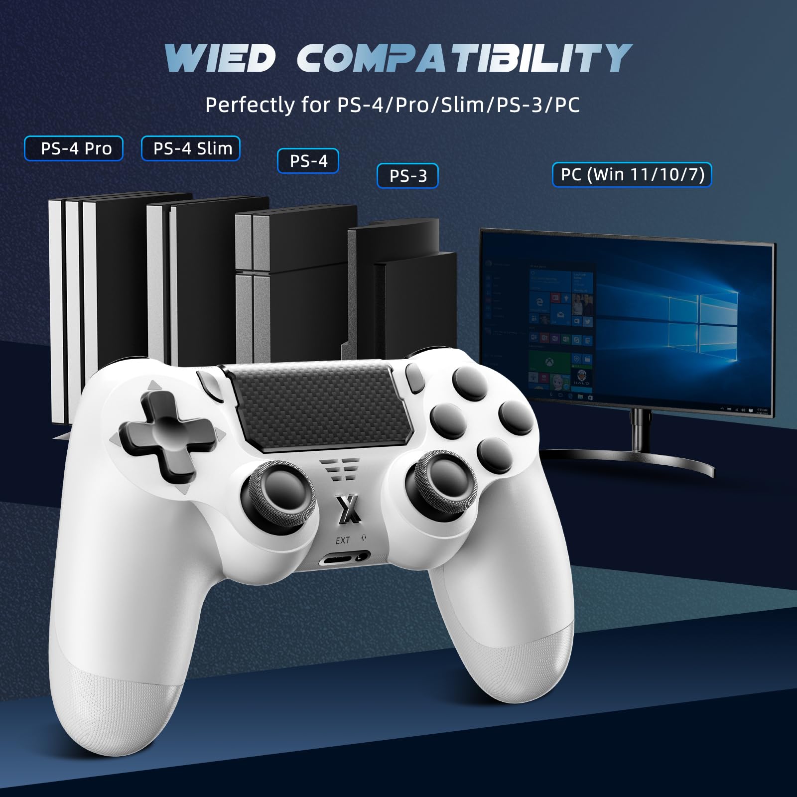 Glitfix Wireless Controller, Upgraded Controller Wireless for PS-4/Slim/PC, Bluetooth Gamepad Joystick with Dual Vibration/Touch Panel/ 3.5mm Audio Jack/Six-Axis/Ergonomic (White) — view 6