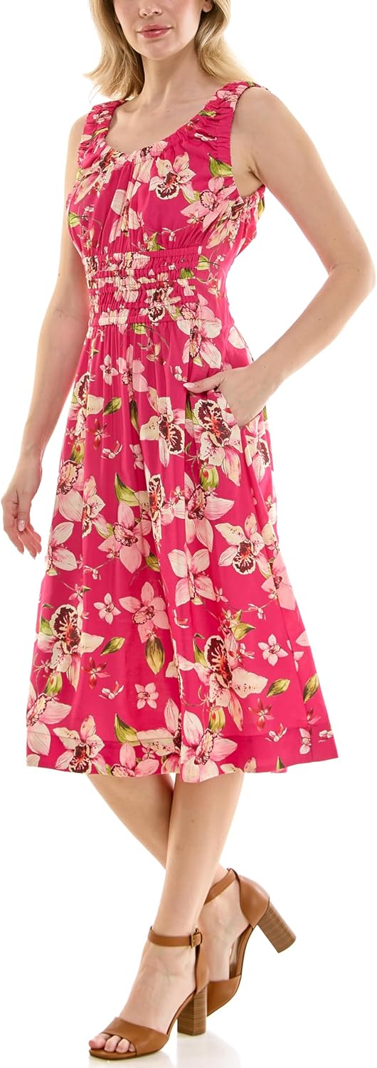 Nicole Miller Printed Izzy Woven Fit & Flare Tank Dress with Pockets, Orchid Allover Fuchsia Print, XL