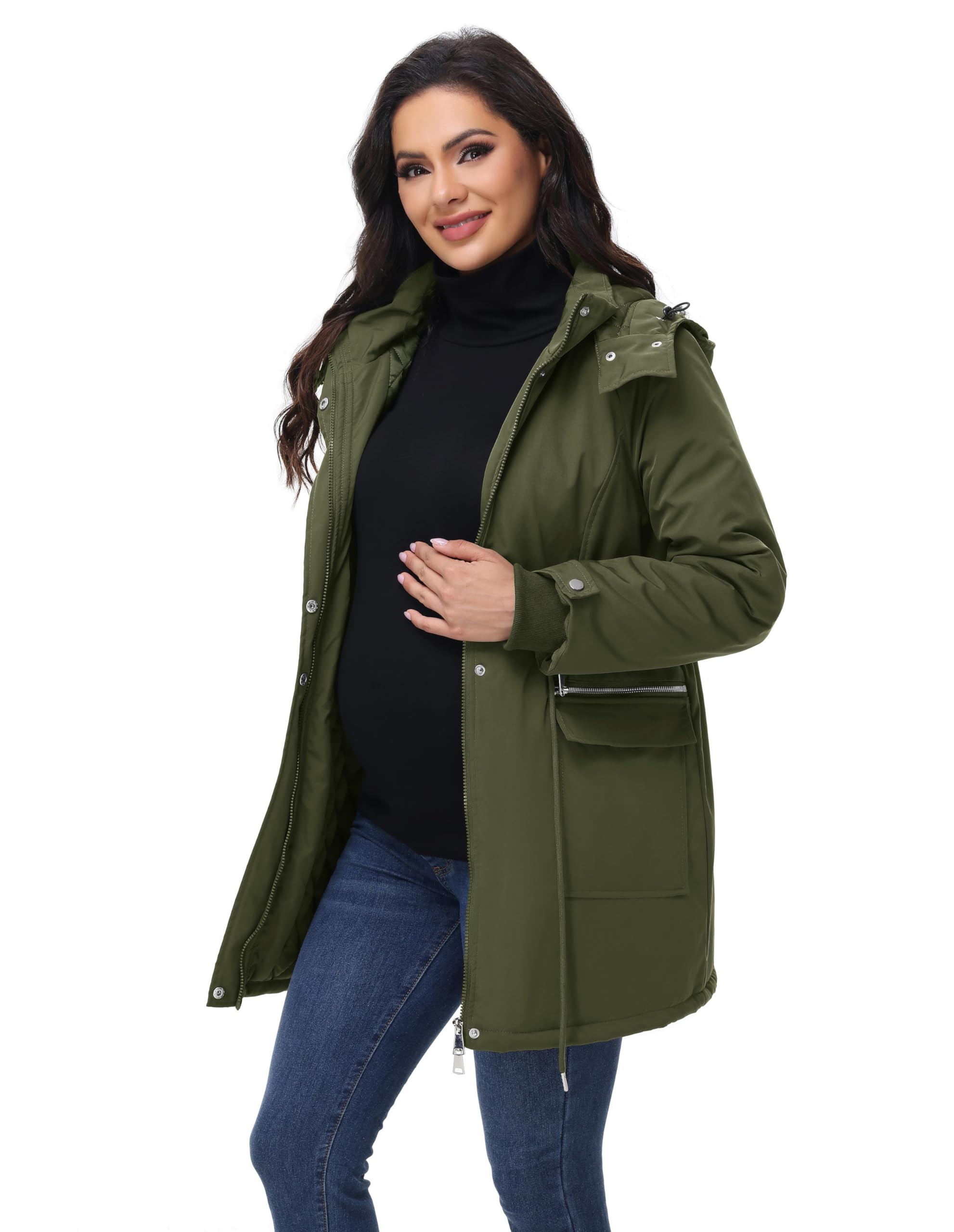 Maacie Chaqueta de algodón de maternidad 3 en 1 de invierno con amortiguador largo Parka con capucha con bolsillos Chaqueta de algodón impermeable 2024