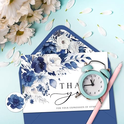Miniatura 6 de 30 tarjetas de agradecimiento funerarias florales con sobre adhesivo, tarjeta de duelo de flores azules acuarela con mensaje para el servicio