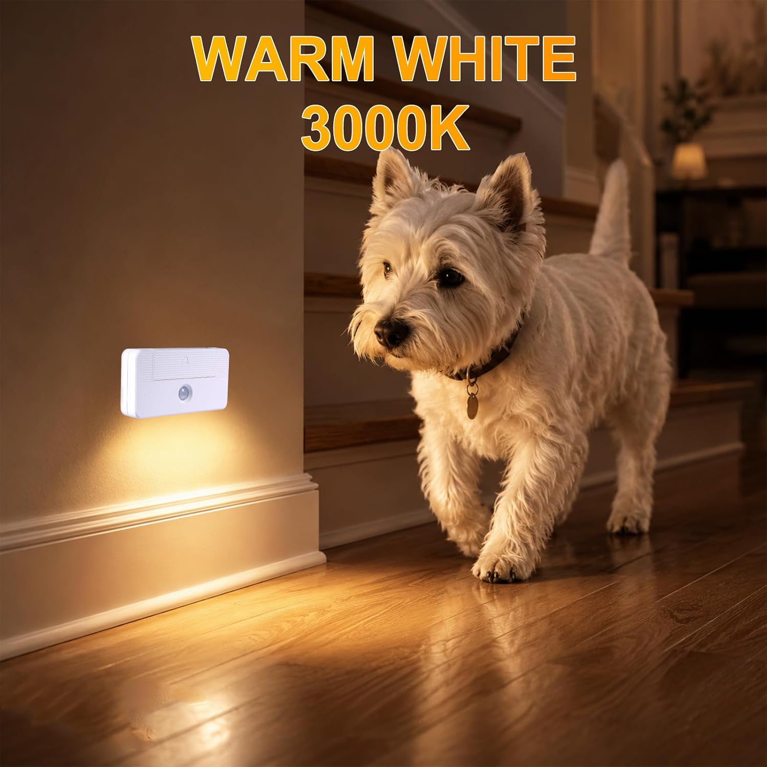 Motion Sensor Stair Lights Indoor 4 Pack, Wireless PIR Step Lights | Warm White, Battery Operated, PIR Motion Auto, Stick On LED Night Lights for Stairway, Hallway, Closet, Under Cabinet Kitchen