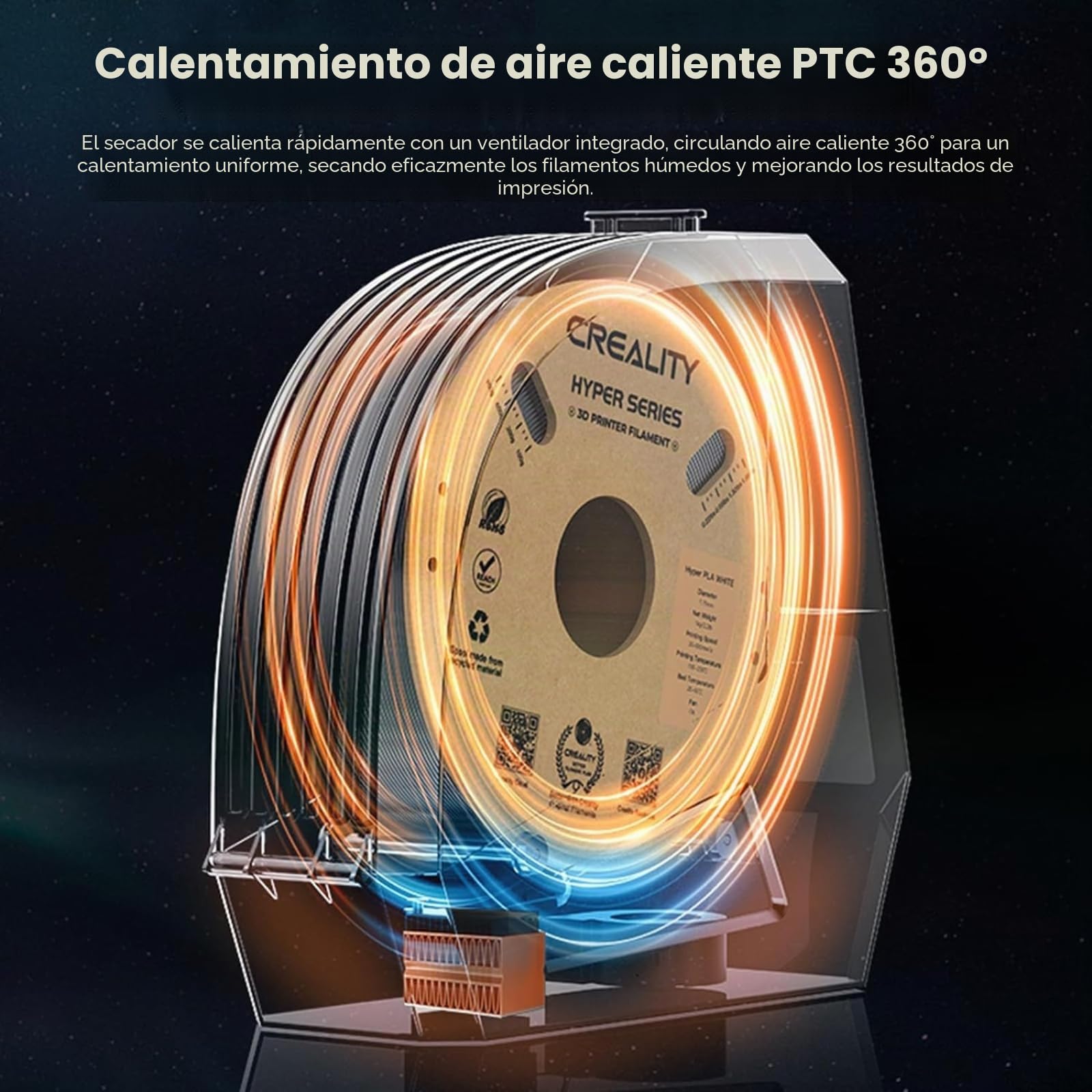 Creality Space PI - Secador de filamento para Impresora 3D, con Ventilador Integrado, Pantalla táctil de 3,7", calefacción PTC a 360 °C, Soporte de Almacenamiento de filamentos