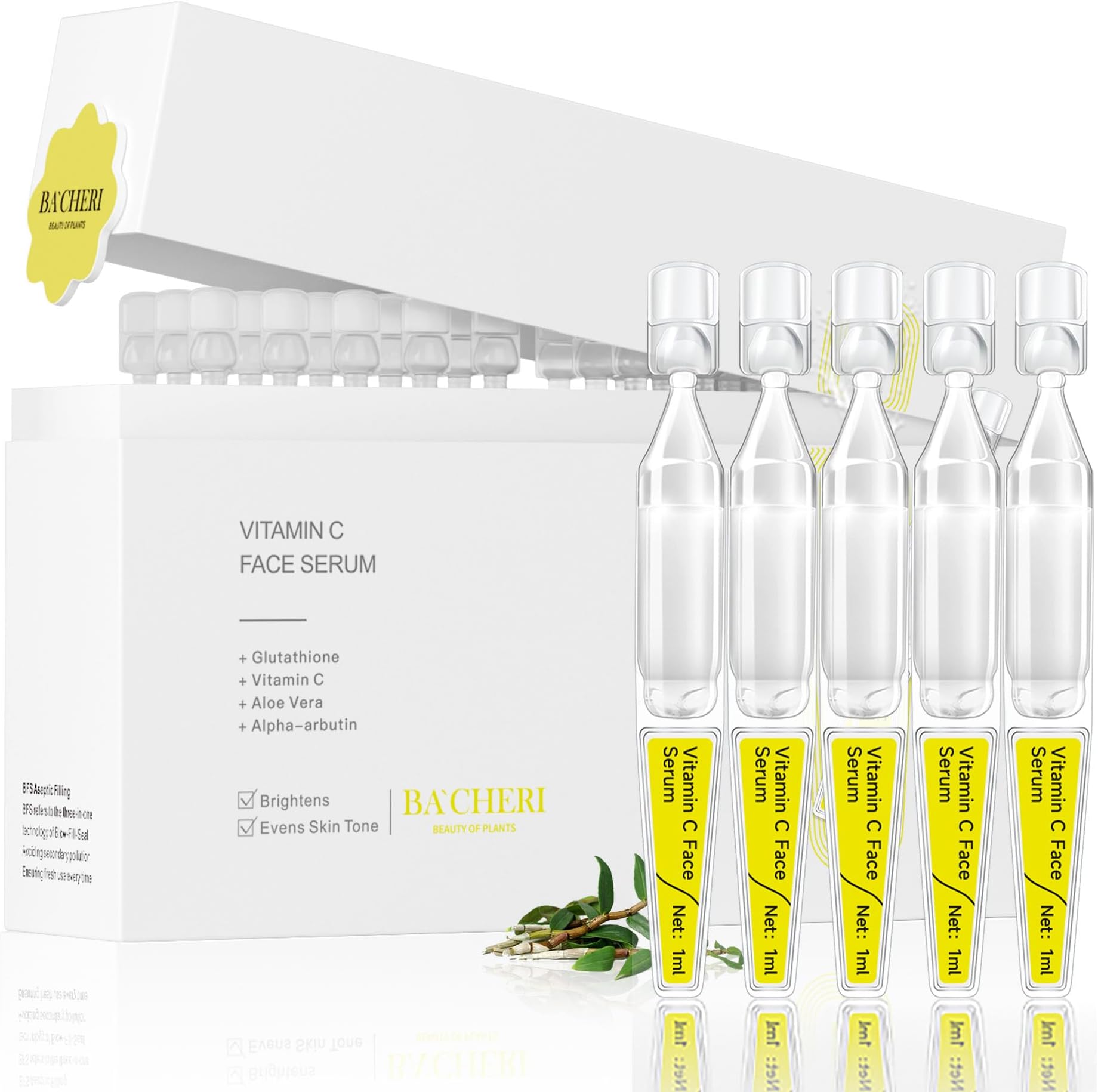 Vitamin C Serum for Face with Hyaluronic Acid, Glutathione, Organic Aloe Vera, Hydrating & Brightening Serum, Dark Spot Remover, Anti Aging Facial Serum, 30 Ampoules