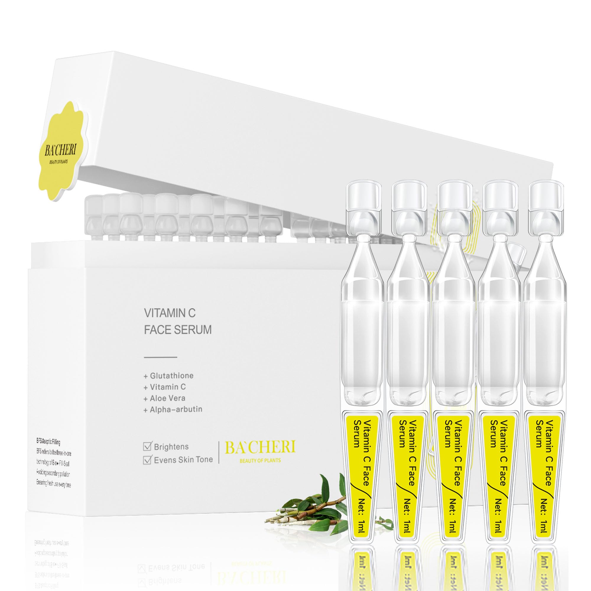 Amazon.com: BACHERI Vitamin C Face Serum with Glutathione, 4D Hyaluronic  Acid & Aloe Vera – Lightweight Brightening & Hydrating Ampoule for Daily  Skincare, Dark Spots, Sensitive Skin Friendly