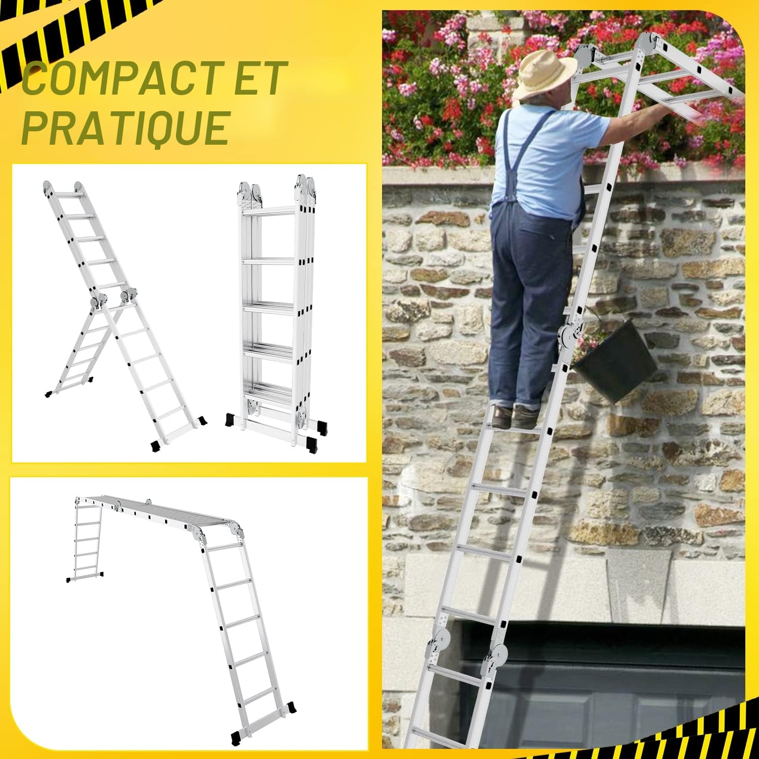 Ikodm Échelle Multifonction en Aluminium 4 x 5 marches 5,82 m 7 en 1 jusqu'à 150 kg avec 2 roulettes de Transport et 2 Plateformes