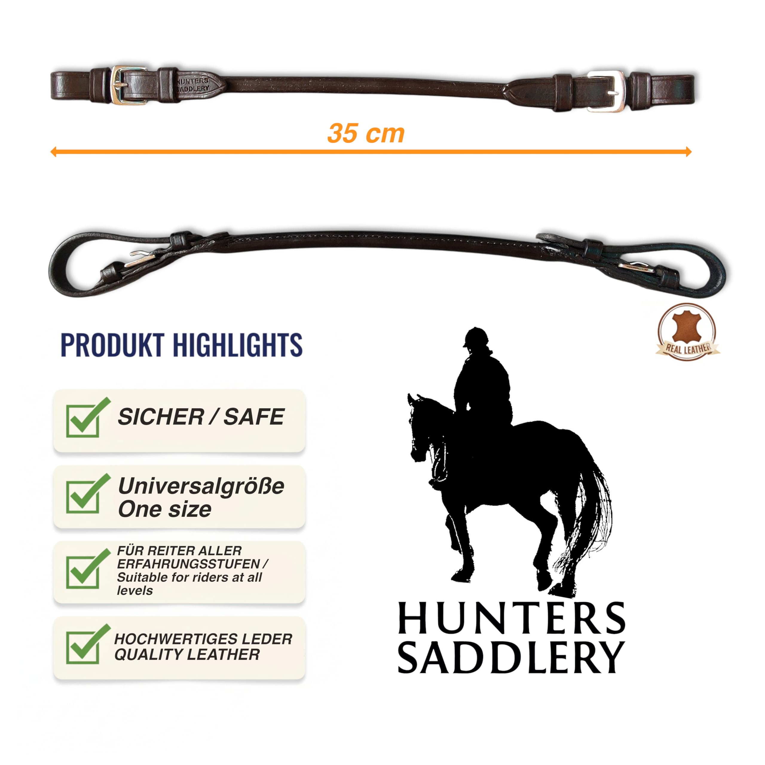 Correa para sillín de piel cosida redonda – Asa de sillín para un agarre seguro al montar a caballo, 35 cm (negro)