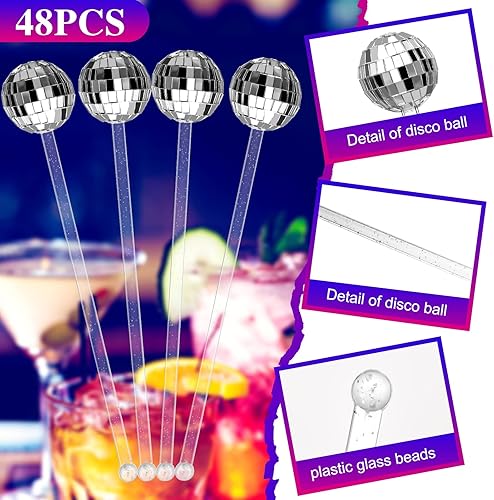 Miniatura 4 de 48 piezas de agitadores de bolas de discoteca de espejo, popotes decorativos de plástico con parte superior redonda, palitos de café para Navidad,
