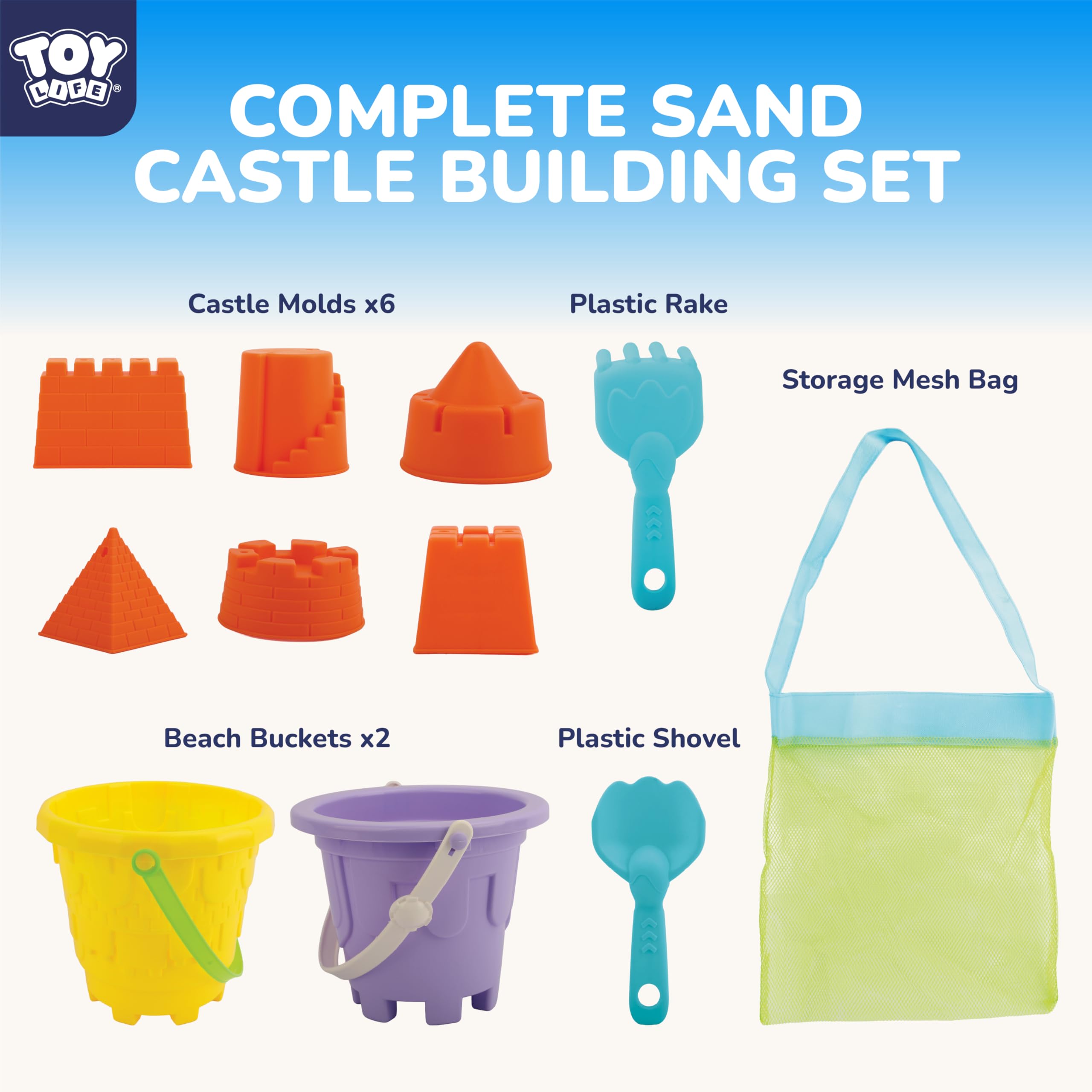 TOY Life - Sandburg Eimer Set für Kinder, 2 Eimer mit Netzbeutel, 6 Formen, 2 Schaufeln, bunte Strandspielzeug aus Kunststoff zum Spielen im Sommer