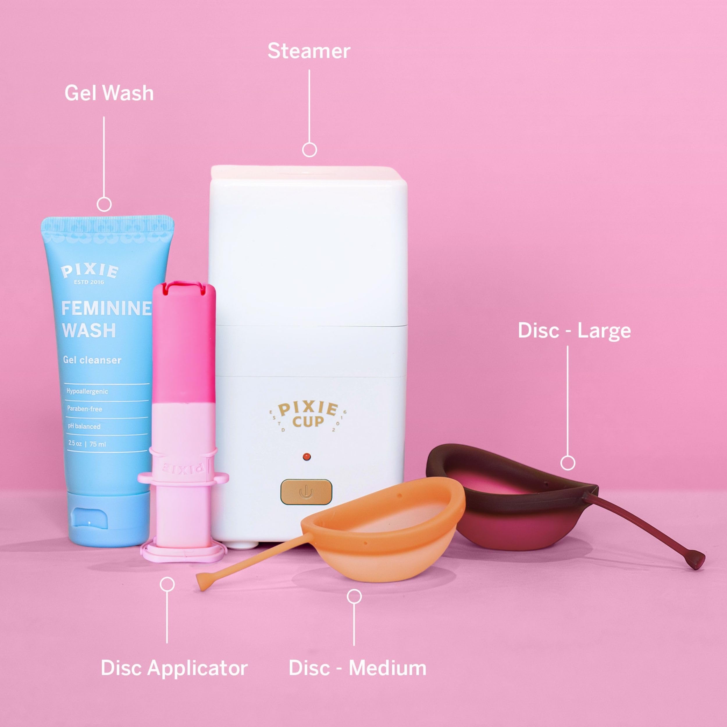 Pixie Menstruationsdisc-Komplettset – 2 wiederverwendbare Perioden-Discs mit Applikator, Sterilisator & Intimwaschlotion – Tamponähnliches Einführen