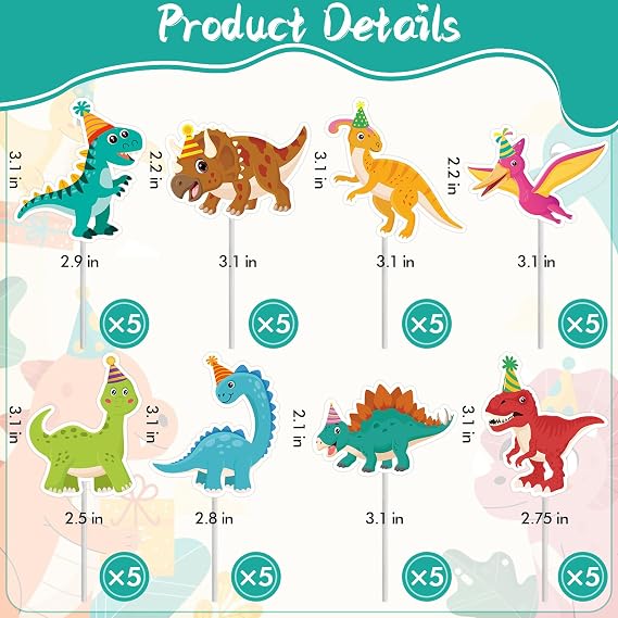 40Pcs Dinosaur Cupcake Toppers, Cute Tyrannosaurus Rex Triceratops Cupcake Picks Dinosaur Cake Topper Picks for Kids Birthday Baby Shower Dino Party Cake Toppers Decorations
