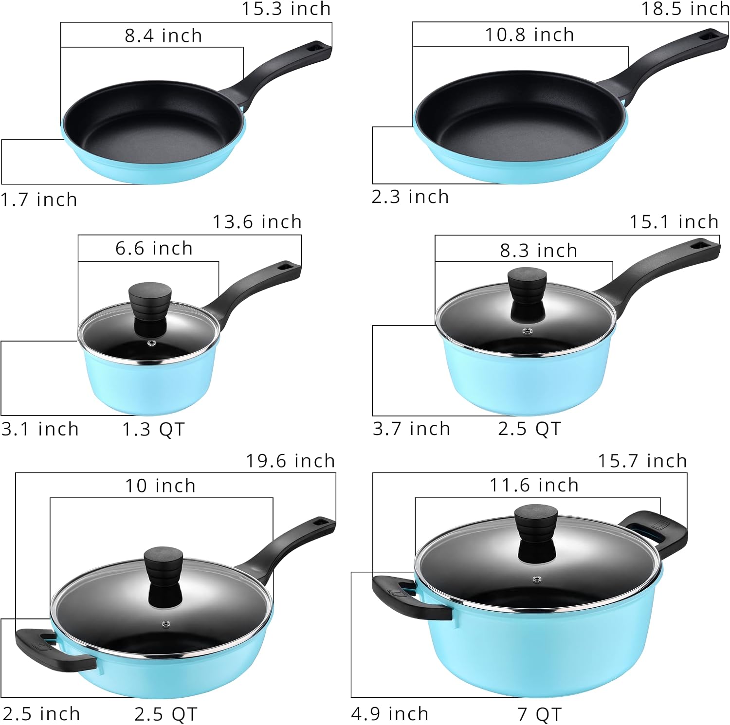 Diagram showing dimensions of each piece in the Bergner Retro Cookware Set.