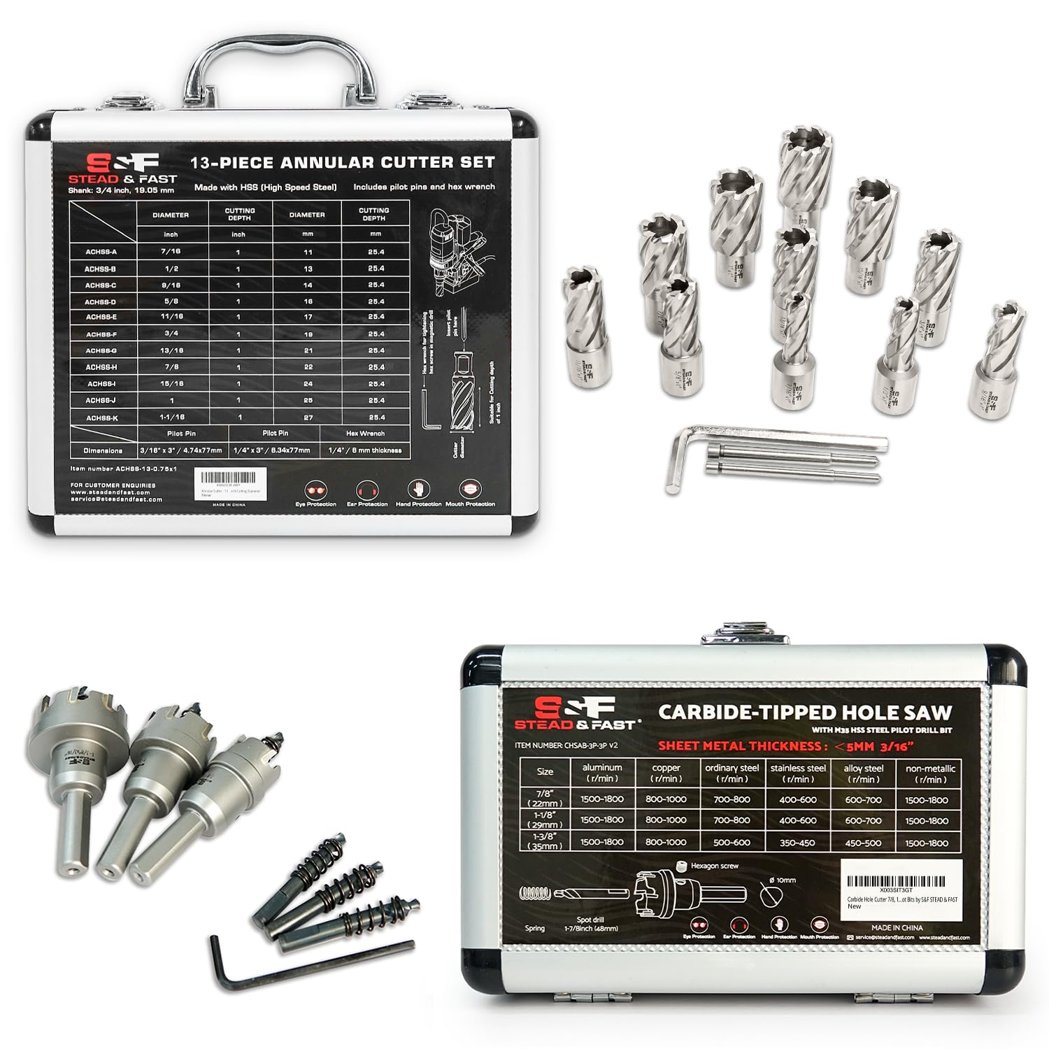 Annular Cutter Set 13 Pcs by S&F STEAD & FAST, Cutting Depth 1", Cutting Diameter 7/16" to 1-1/16" Inch, Mag Drill Bits Kit/Carbide Hole Cutter Kit for Metal, 7 Pcs