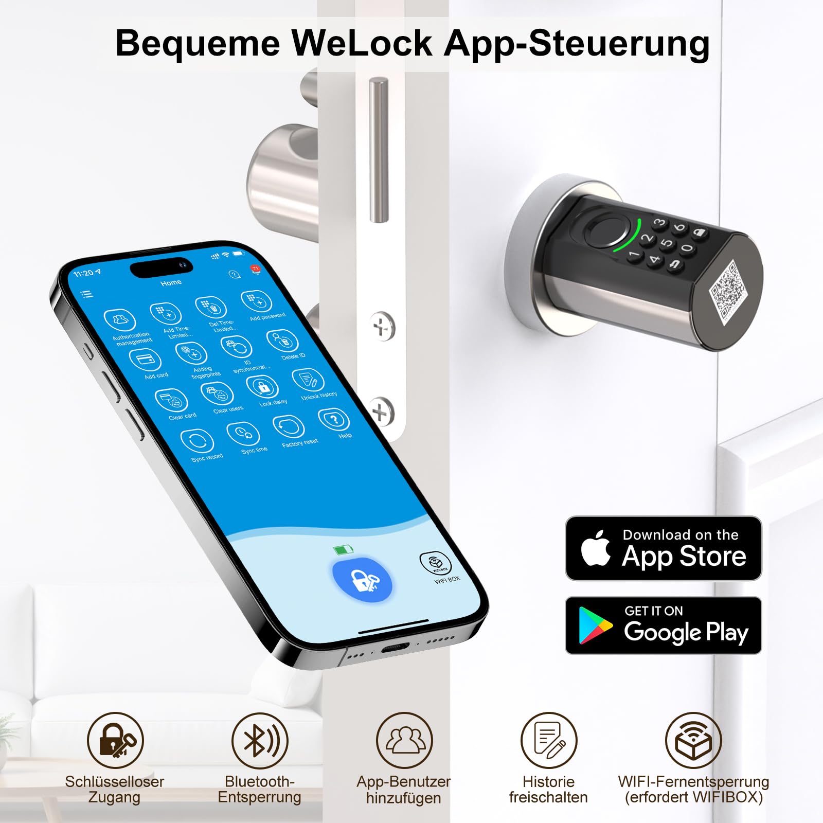 WELOCK U71 Fingerabdruck Passwort Türschloss mit Schlüssel für EU-Profiltür | Elektronisches Türschloss Code mit App und Karte, Zahlencode Türschloss Verstellbarer, Smart Lock für 60-90mm tür