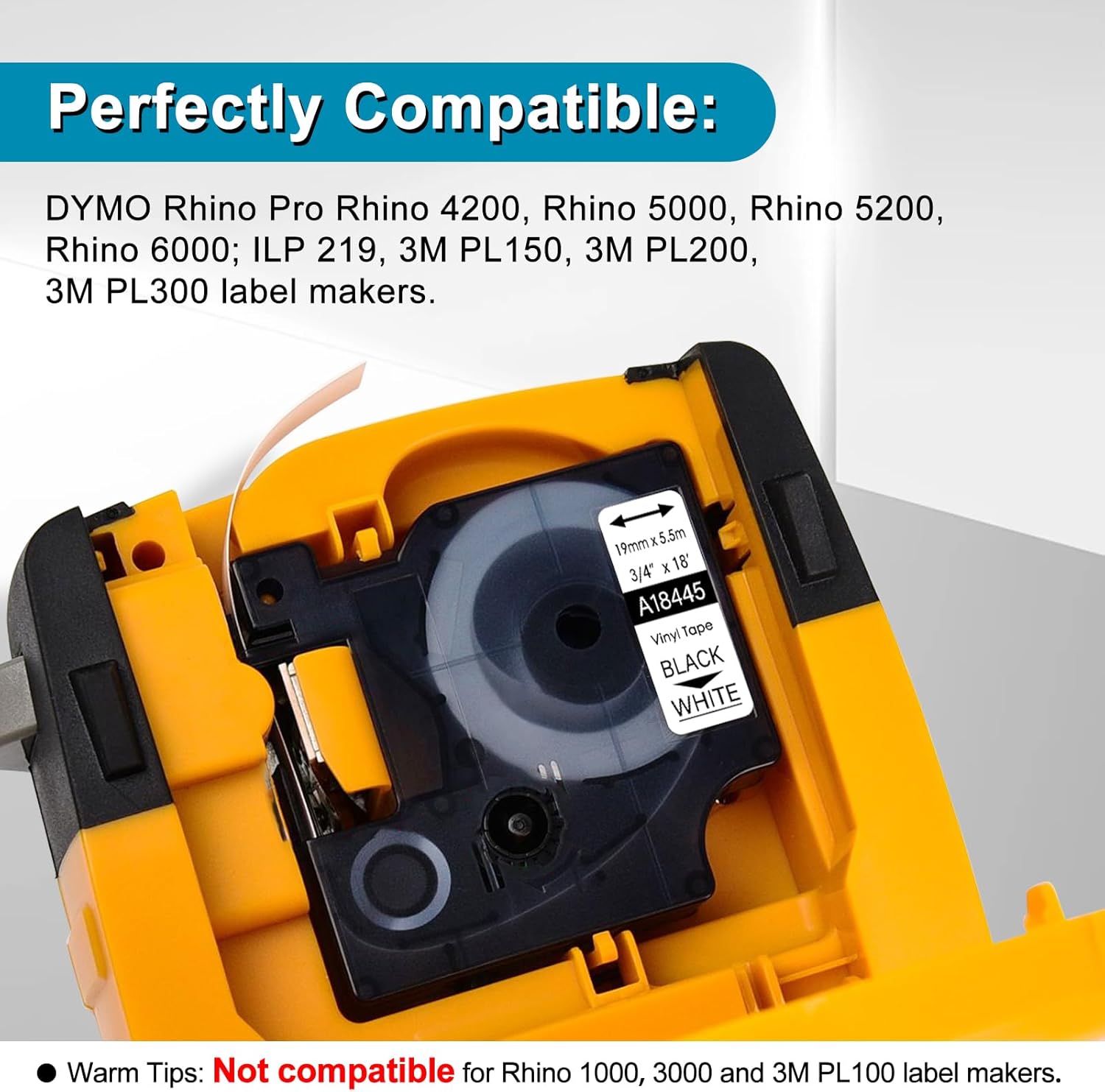 10 Pack Compatible for Dymo Rhino Pro IND Vinyl Label Tape 18445 3/4" 19mm Black on White Label for Rhino 4200 5000 5200 6000 and 3M Label Maker Tape