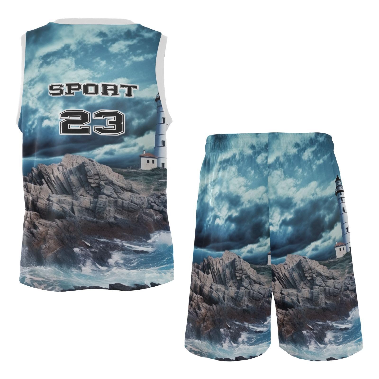 FLildon Lighthouse Landscape Boys Basketball Jersey Set Tank Top Shorts Tracksuit Sport Training Suit for Kids, S