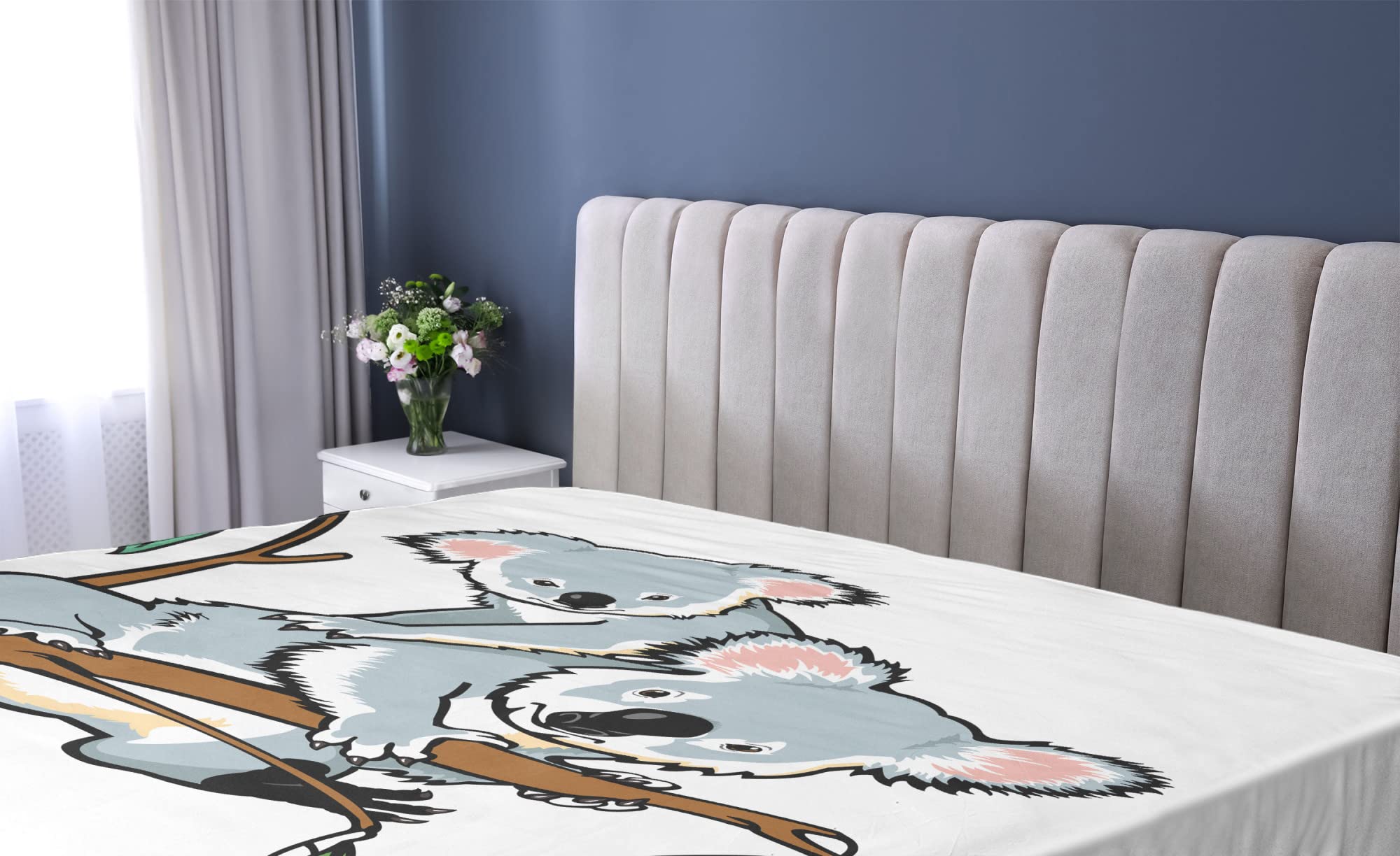 Ambesonne Tropical Animals Fitted Sheet, Mother and Koala Climbing Over Eucalyptus Tree Branch Wildlife Forest, Soft Decorative Fabric Bedding All-Round Elastic Pocket, Full Size, Brown Grey