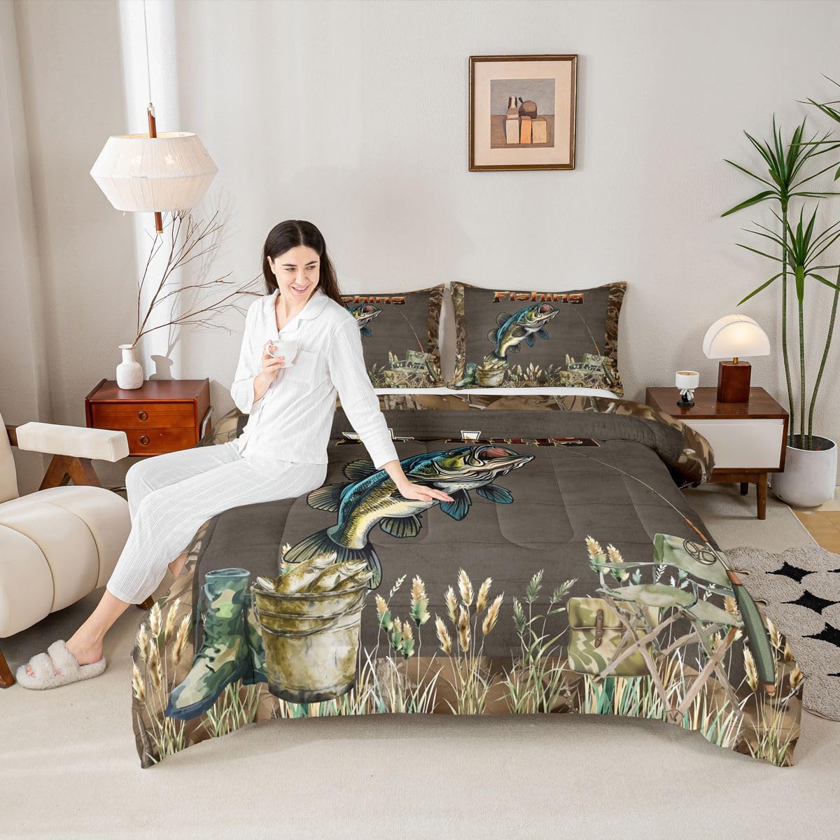 Homemissing Bass Fish Letto Trapuntato Caccia Pesca Per Ragazzi Ragazze Rustico Lakehouse Set Piumini 230x220cm 3 Pezzi Camera Decor