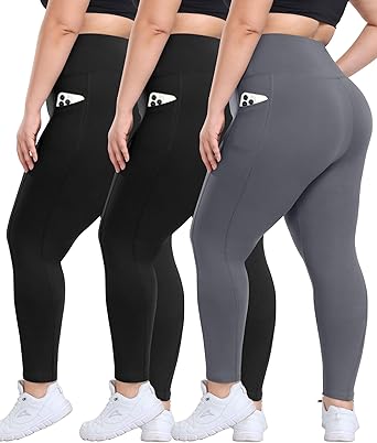 3 Pack Plus Size Leggings with Pockets for Women - High Waisted Tummy Control Spandex Soft Black Workout Yoga Pants