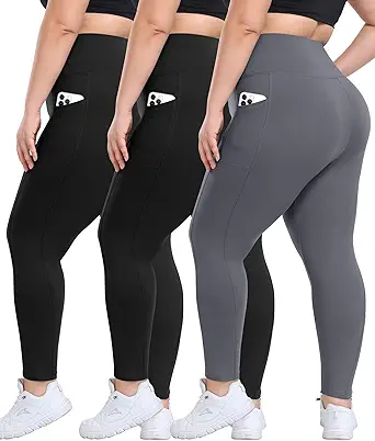 3 Pack Plus Size Leggings with Pockets for Women - High Waisted Tummy Control Spandex Soft Black Workout Yoga Pants