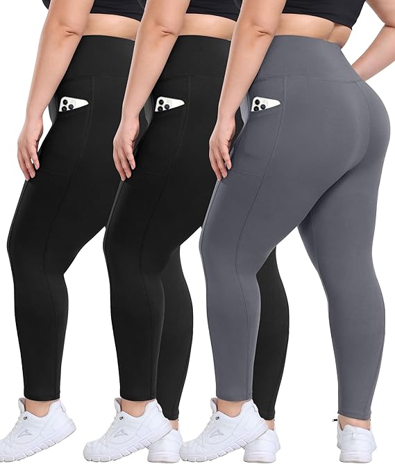 3 Pack Plus Size Leggings with Pockets for Women - High Waisted Tummy Control Spandex Soft Black Workout Yoga Pants