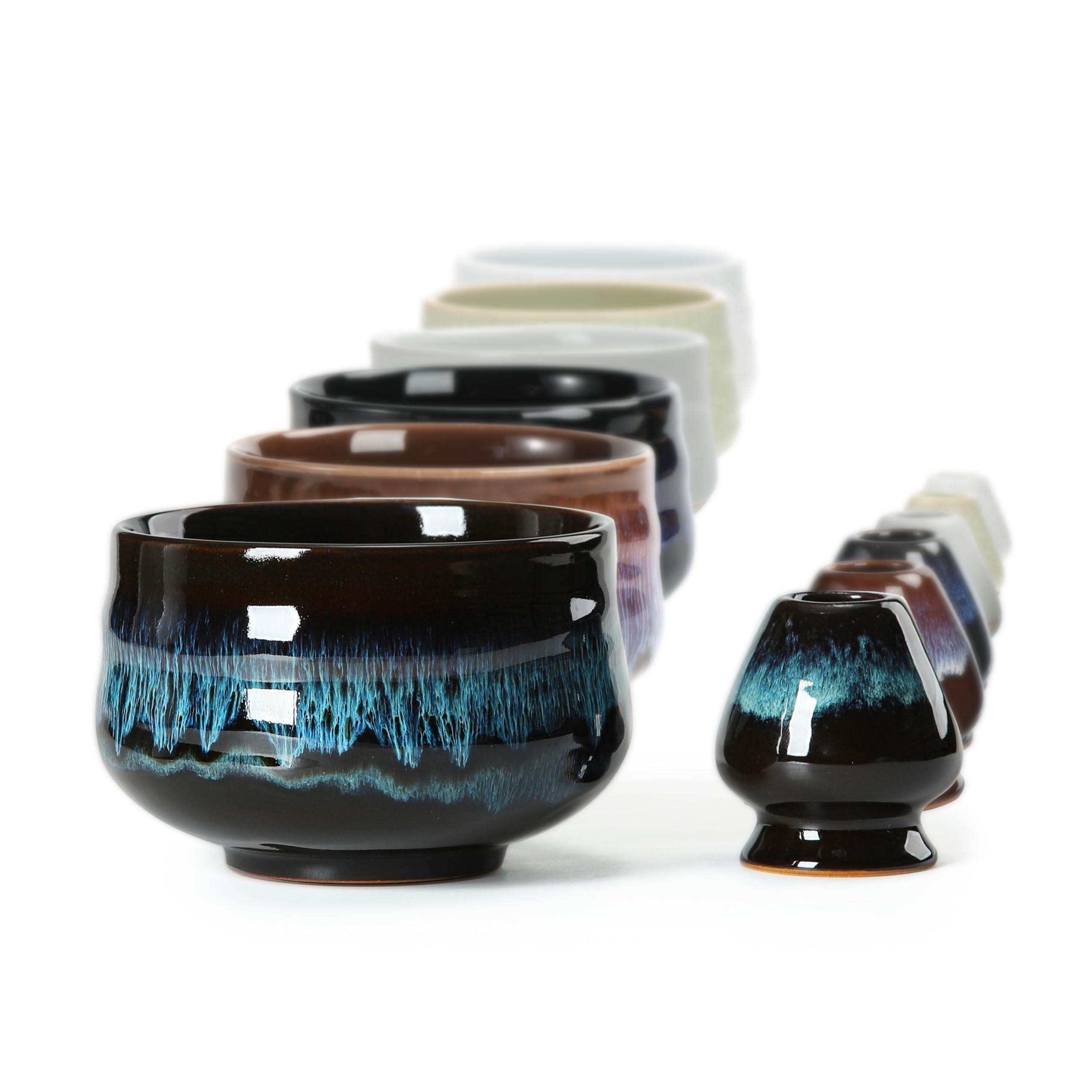 TEANAGOO 2 PCS Matcha Bowl with Spout,Ceramic Matcha Bowl and Whisk Holder,Matcha Chawan,Junware Green Matcha Cup with Stand,Gift Set for Matcha Lover,Japanese Style Bowl