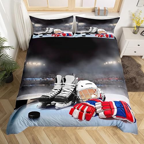 Erosebridal Juego de ropa de cama de hockey sobre hielo, tamaño Queen, funda de edredón de jugador de hockey para niños, niñas, adolescentes,