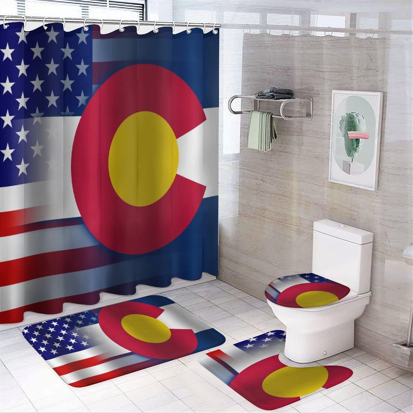 CGSBNGHA U.S.A Colorado State Flag Shower Curtain Set 4 Piece Bathroom Sets with Rugs Toilet Lid Cover And U-Shaped Floor Mat