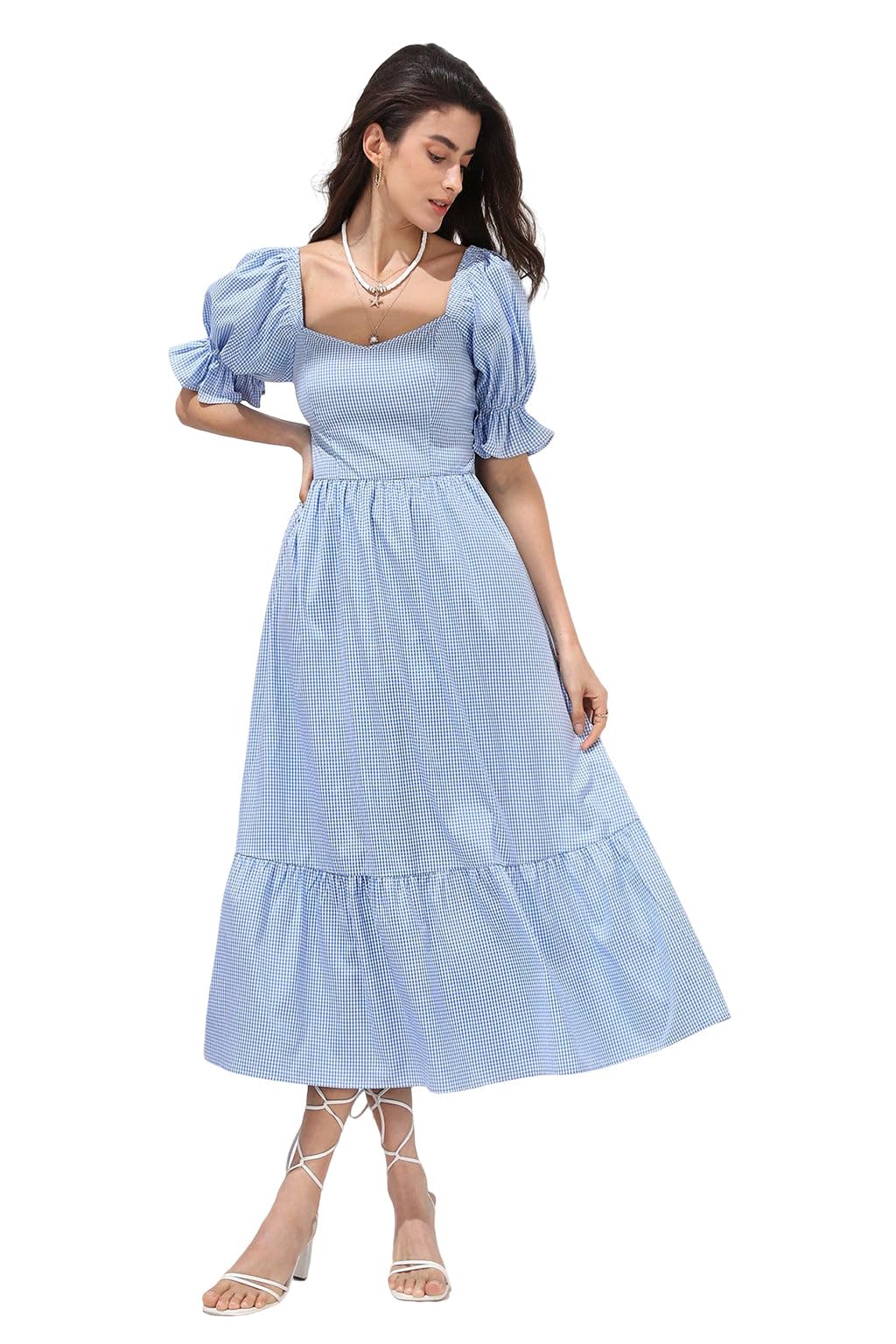 Women’s Blue & White Checked Puff Sleeve Maxi Dress|Long Formal One Piece for Women|Sweetheart Neckline Dress|Long Crepe Gown
