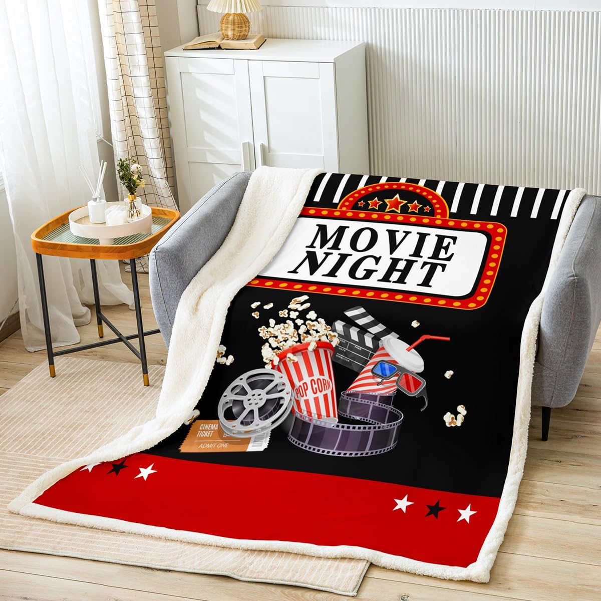 Homemissing Movie Night Sherpa Blanket Movie Theater Decor Fleece Throw Blanket for Kids Boys Girls Decor Cinema Plush Blanket Microfiber Popcorn Movie Ticket Fuzzy Blanket Bedroom Queen 90x90 Inch