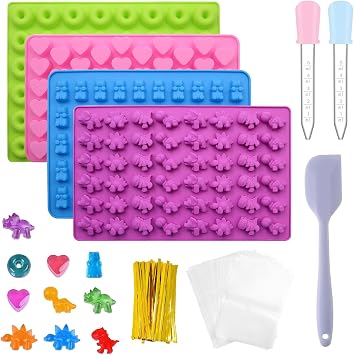 LOREC 4Pcs Gummy Bear Molds Nonstick Candy Silicone Molds Without BPA Reusable Sweet With 50 Clear Bags, 3 Droppers and 50 Golden Cable Ties for DIY Jelly Chocolate Gummy