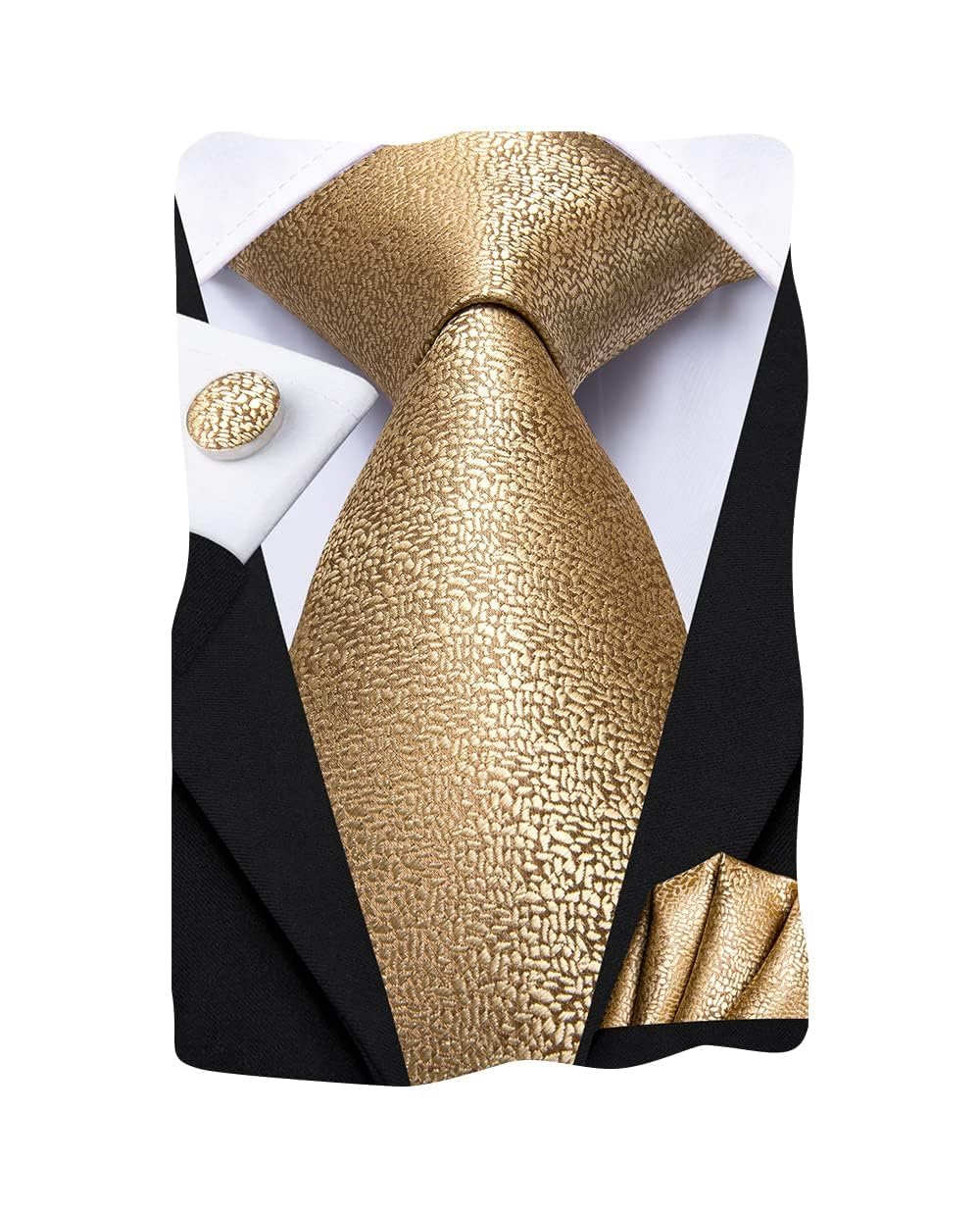 Solid Mens Gold Necktie with Cufflinks Tie and Pocket Square-image-0