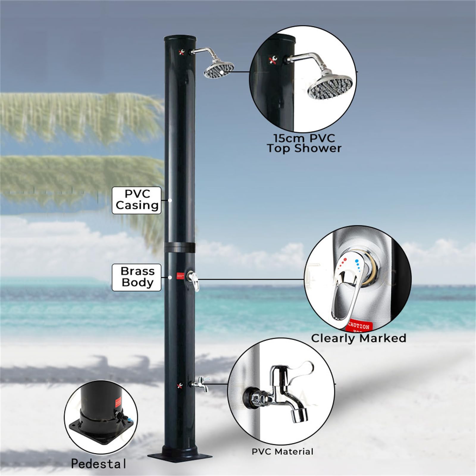 Douche solaire chauffante d'extérieur de 2,1 m pour piscine, arrière-cour et plage – Colonne de douche facile à installer avec robinet de tête et de pied, idéale pour une utilisation au spa et à la