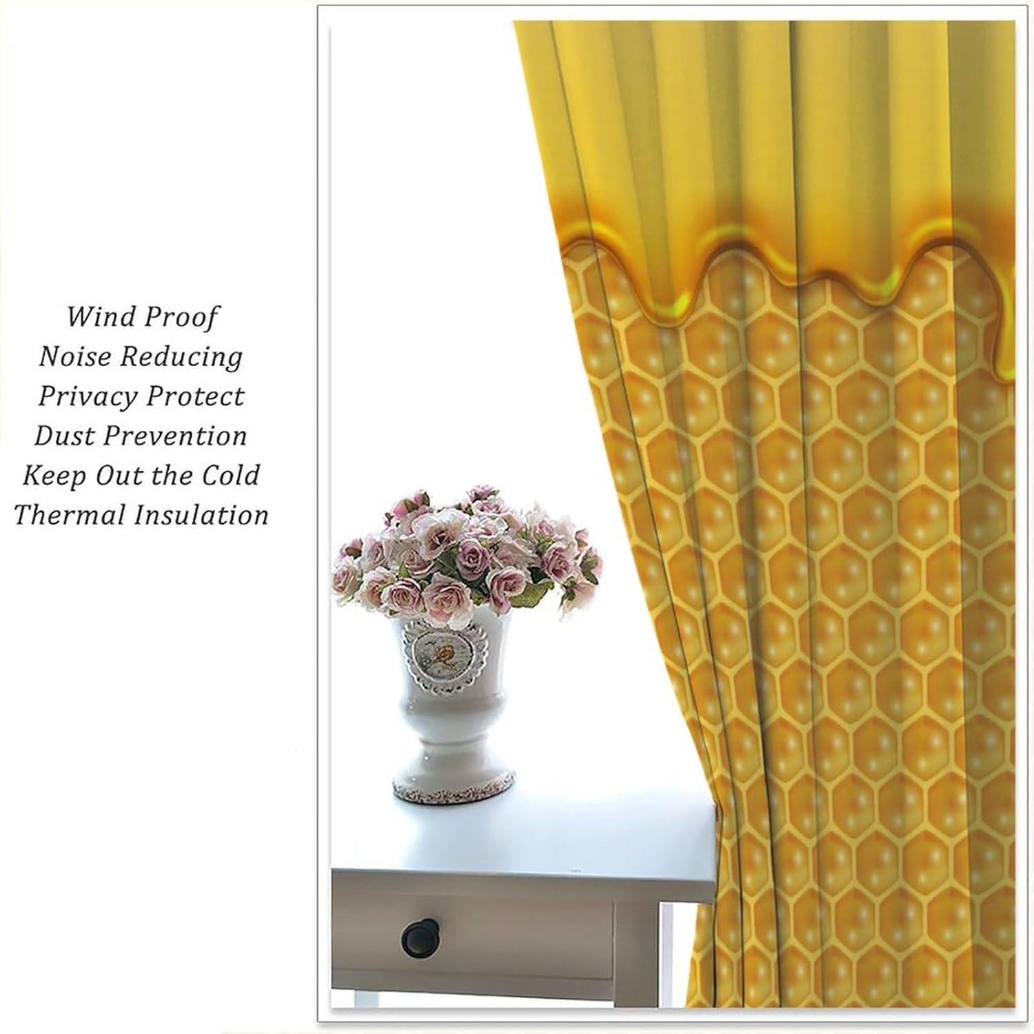 Bee Honeycomb Curtains, Liquid Honey Pattern Blackout Window Treatments, Rod Pocket Thermal Insulated Drapes 2 Panel Sets for Bedroom Living Room Kitchen, 42" W X 45" L