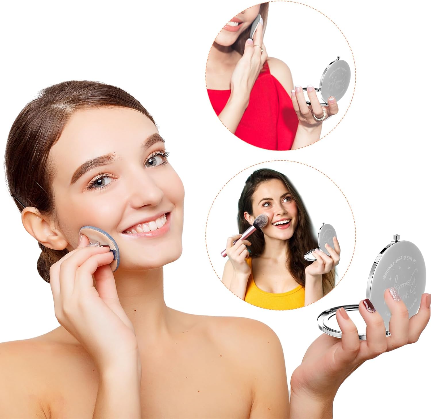 10Pcs Small Rhinestone Compact Mirror, 1x/2x Magnifying Double Sided Pocket Mirror 2.75 Inch Metal Rhinestone Compact Mirrors Bulk, Inspirational Appreciation Gifts for Women Girls Silver