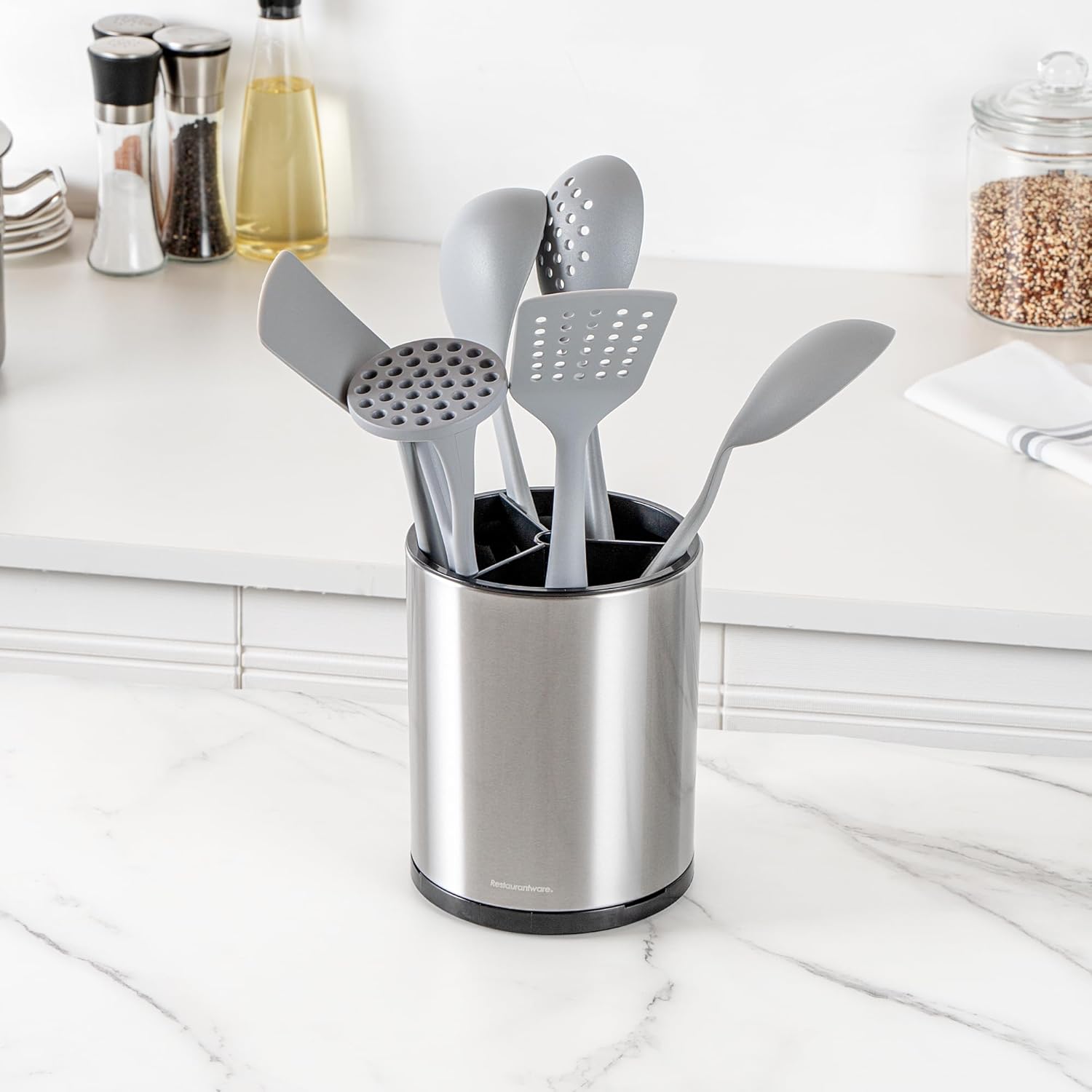 Restaurantware Stainless Steel Utensil Holder 1 Count 6.2 x 6.2 x 7.9 Inches Durable Cutlery Storage Flatware Organizer Rust-Resistant Sink Caddy Silver Kitchenware Holder