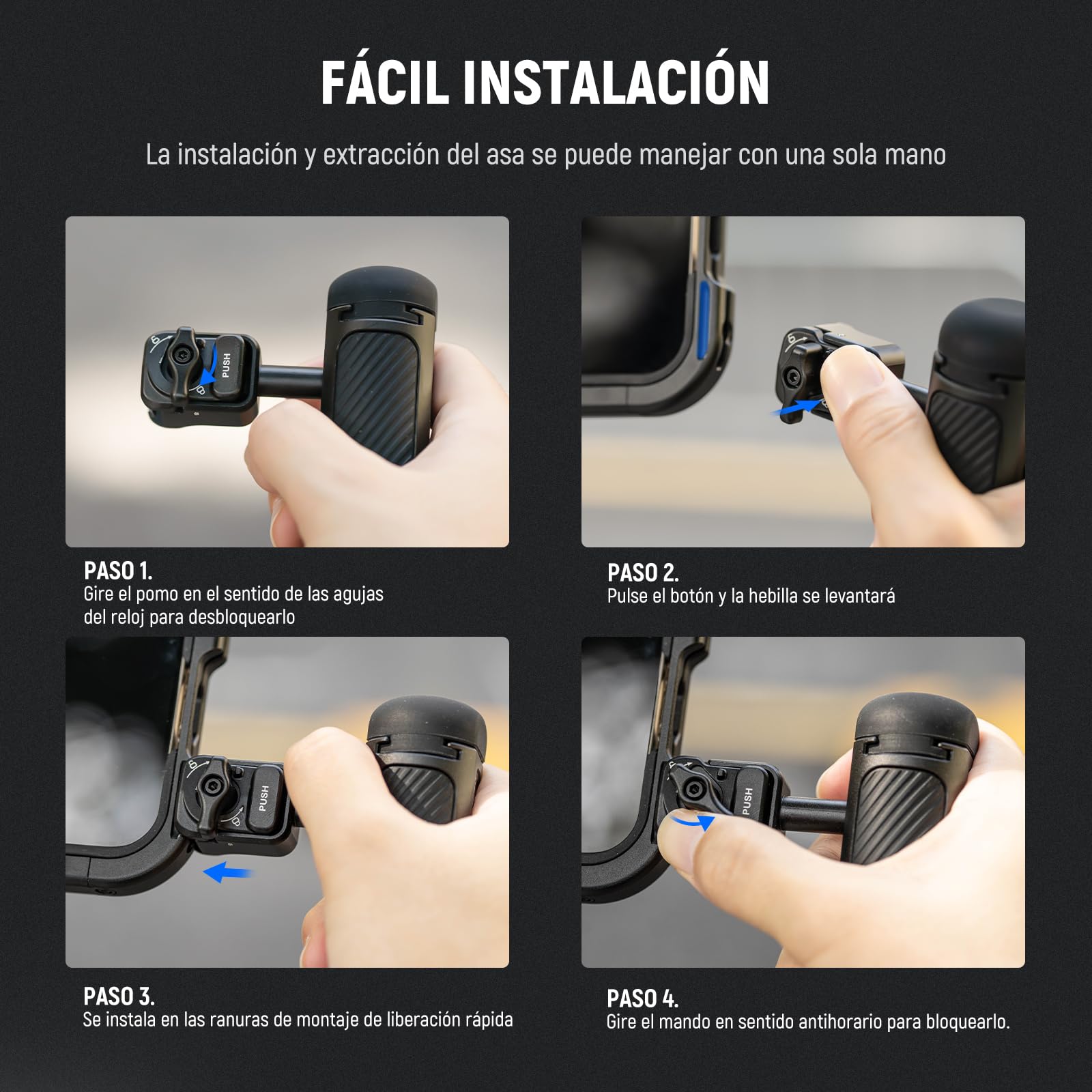 NEEWER Manija Lateral Liberación Rápida para Jaula Teléfono PA073 PA074 para iPhone 16 Pro/16 Pro MAX, PA042 para Samsung S24 Ultra, con Zapata Fría Cubierta, Anti Off Pin, Cerradura Negra, PA045B