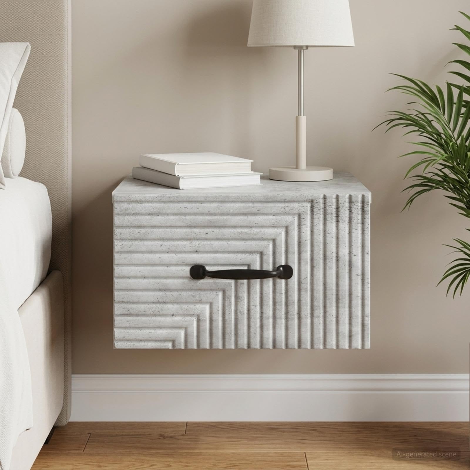 Comodino da notte a muro Grigio Cemento 34,5 x 33 x 20 cm con cassetto e scaffale, supporto organizer per camera da letto, finitura resistente, soluzione salvaspazio moderna