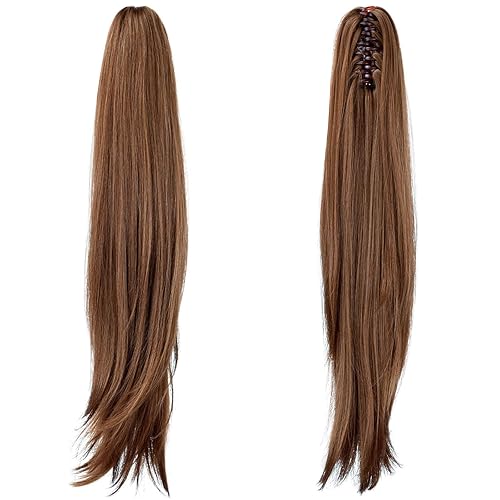 Miniatura 8 de HEWEICSY Extensiones de cola de caballo, extensión de cabello sintético ondulado y lacio de 22 pulgadas de largo, cola de caballo con clip para cola