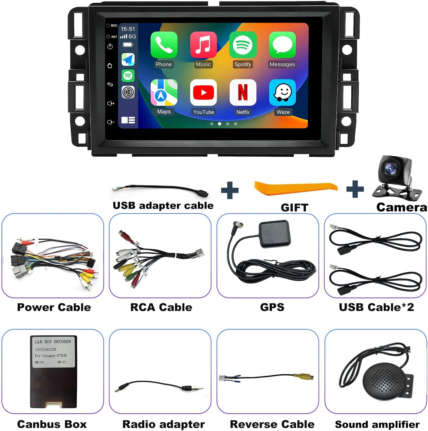7inch 5GWiFi Upgrade Car Radio for GMC Sierra 1500 2007-2013, Chevy Silverado 1500 2007-2013, Yukon Tahoe 2007-2014, Acadia Equinox Enclave HD Touch Screen Stereo, Carplay Android Auto GPS FM Camera