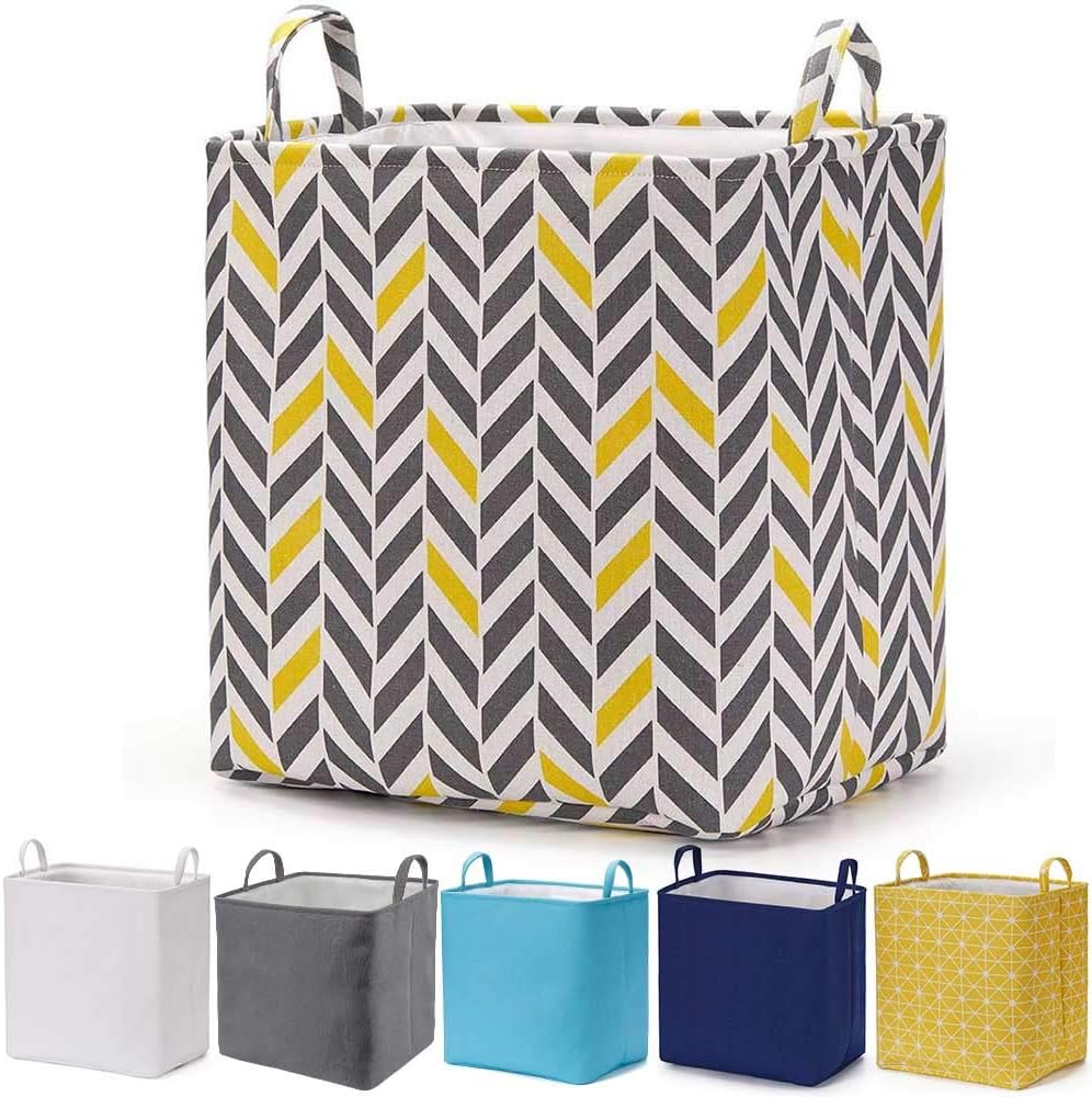 Every Deco Rectangular Storage Bin Laundry Basket with Handles Fold-able Collapsible Toys Clothes Books Magazines Arts and Crafts - 15.7" x 11.8" x 15.7" - Grey & Yellow Chevron