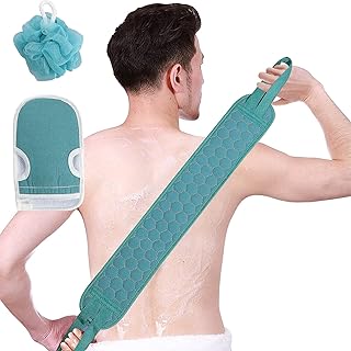 مجموعة قفازات تقشير عميقة مكونة من نوثرز ثلاث قطع، قفازات لتقشير الجسم واسفنجة ليفة وفرشاة تنظيف الظهر، مجموعة من 3 قطع من فرش الاستحمام واسفنجة الاستحمام (أزرق)