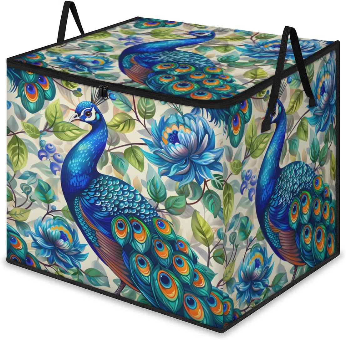 Honeybaby 214L Extra Large Comforter Storage Bag Floral Blue Peacock Storage Totes with Lids Waterproof Closet Organizer Folding Blanket Storage Bags for Clothes Bedding Pillows