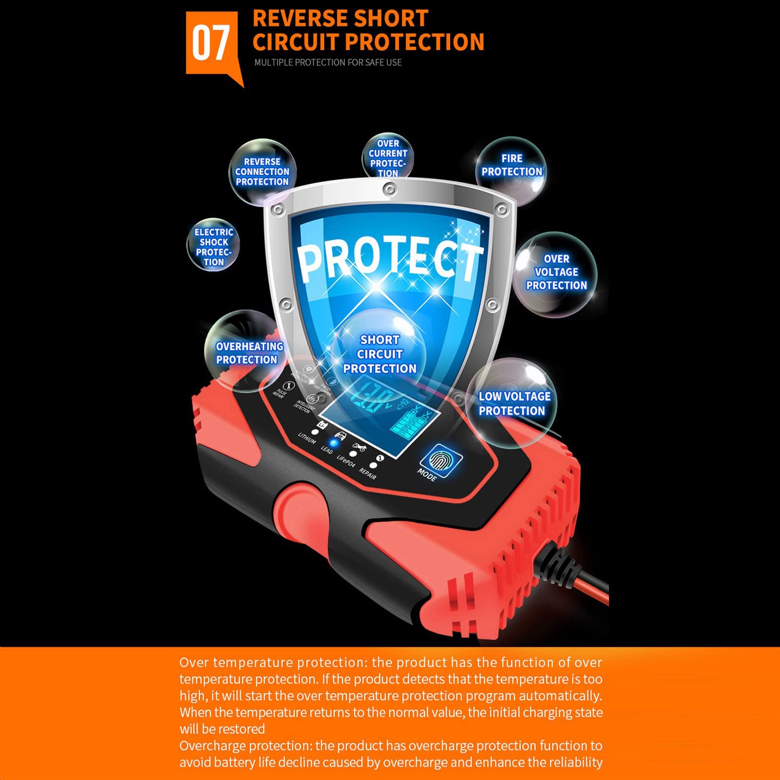 Caricabatterie e mantenitore di batteria portatile intelligente con funzione di memoria di riparazione per auto e moto, ricarica automatica a 7 stadi per batterie EFB umide al