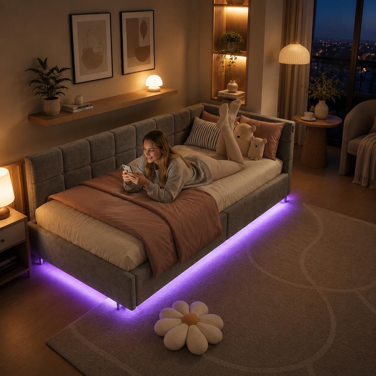 Hydrauliquet rozkładana sofa 90 x 200 cm, łóżko bagażowe 90 x 200 z LED i gniazdem USB, aksamitna tkanina, 1-osobowa sofa łóżko pojedyncze ze stelażem na listwę, rama łóżka dla dzieci i młodzieży